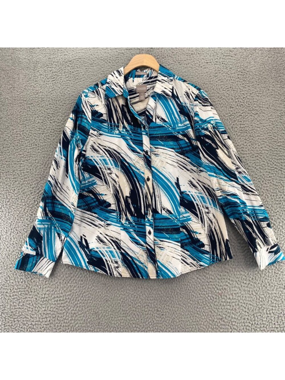 Chicos Shirt Womens 1 US Medium Blue Abstract Wrinkle Resistant Button Collar